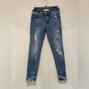 KanCan Distressed Light Blue Skinny Jeans with Frayed Ankles